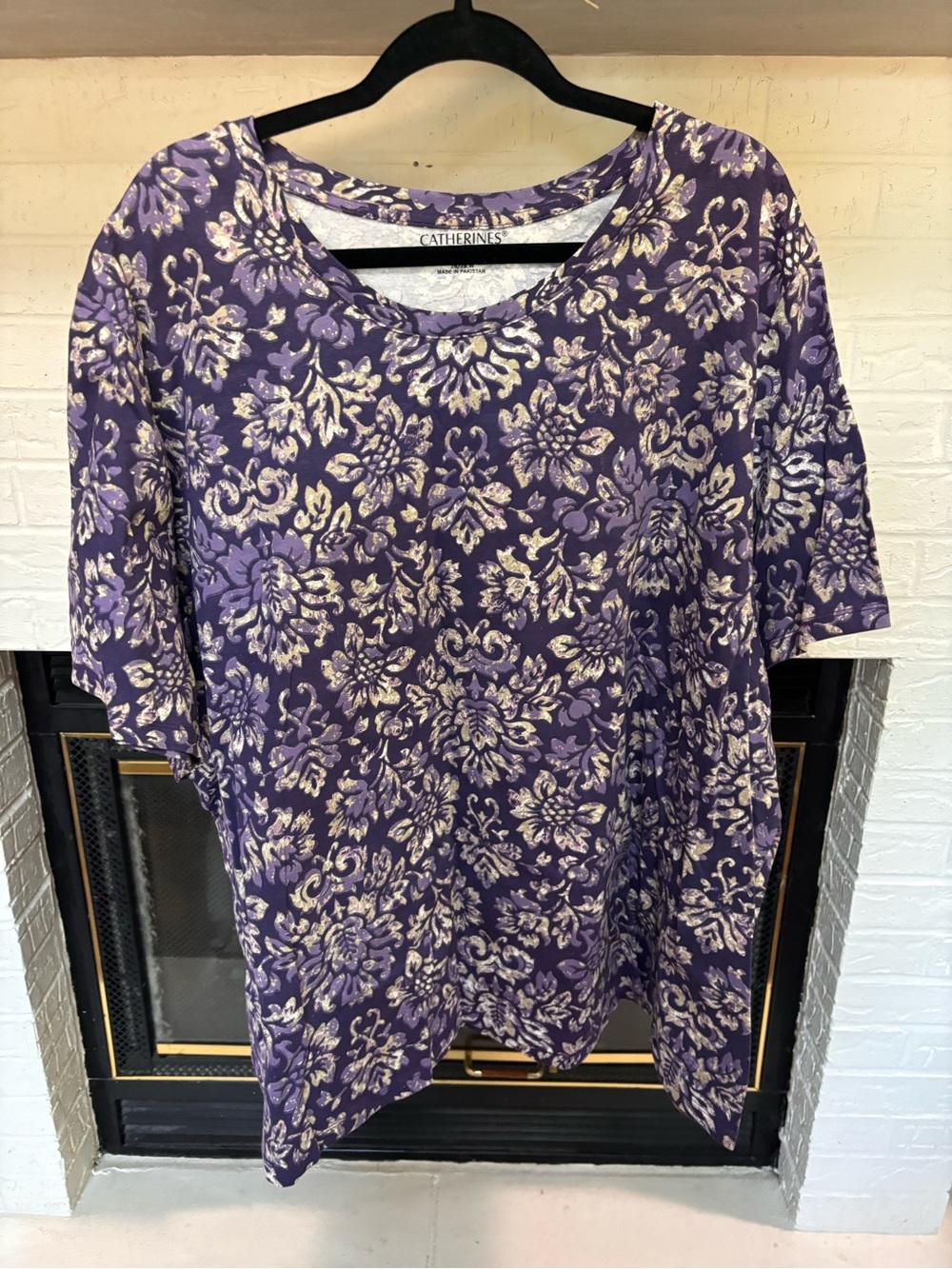 Catherines Purple and Cream Floral Scoop-Neck Short Sleeve Top